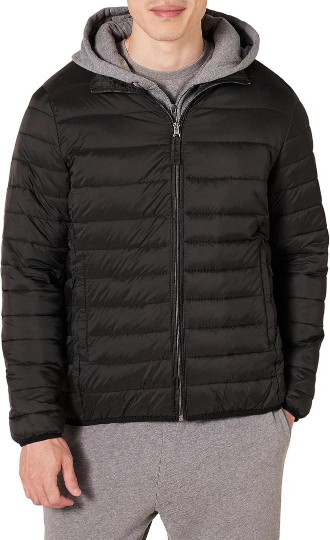 Amazon Essentials Men's Packable Lightweight Water-Resistant Puffer Jacket (Available in Big & Tall) (Medium, Black)