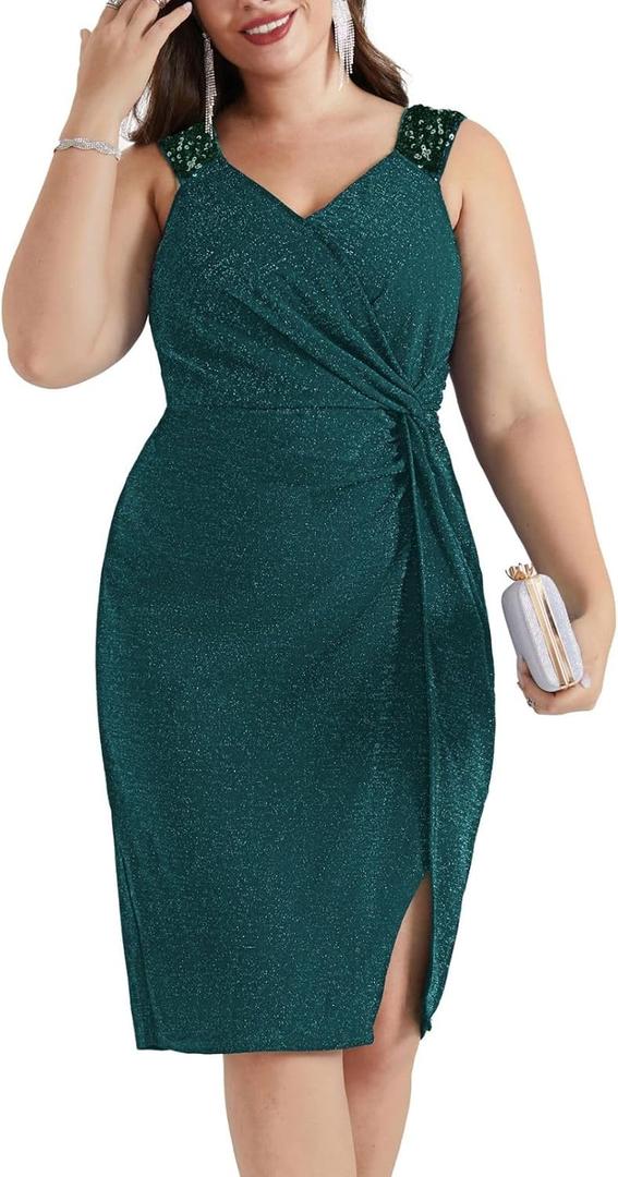 Hanna Nikole Plus Size Dress for Curvy Women Sequin Shoulder Strap Glitter Dress, Size 20W