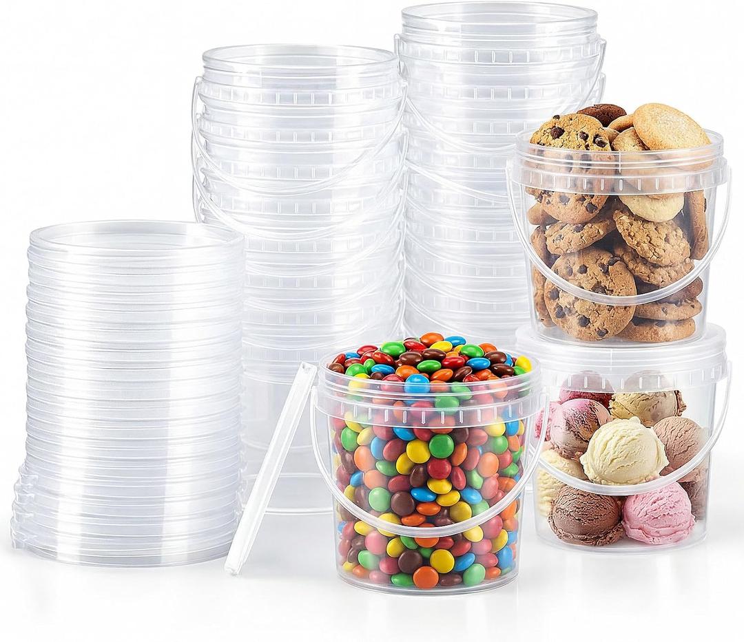 20 Pack 16 oz /500 ml Clear Plastic Bucket with Handle and Lids Food Storage Containers Freeze Safe Ice Cream Tubs for Deli Kitchen Drinks Home