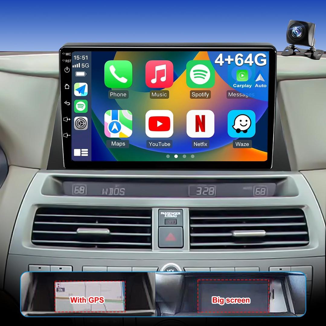 4+64G 5GWiFi Upgrade Car Stereo for Honda Accord 2008-2012 8th Gen, 10" Touch Screen Radio, Wireless Carplay Android Auto GPS FM Bluetooth DSP Camera, Only Fit for Original Car with Big Screen and GPS