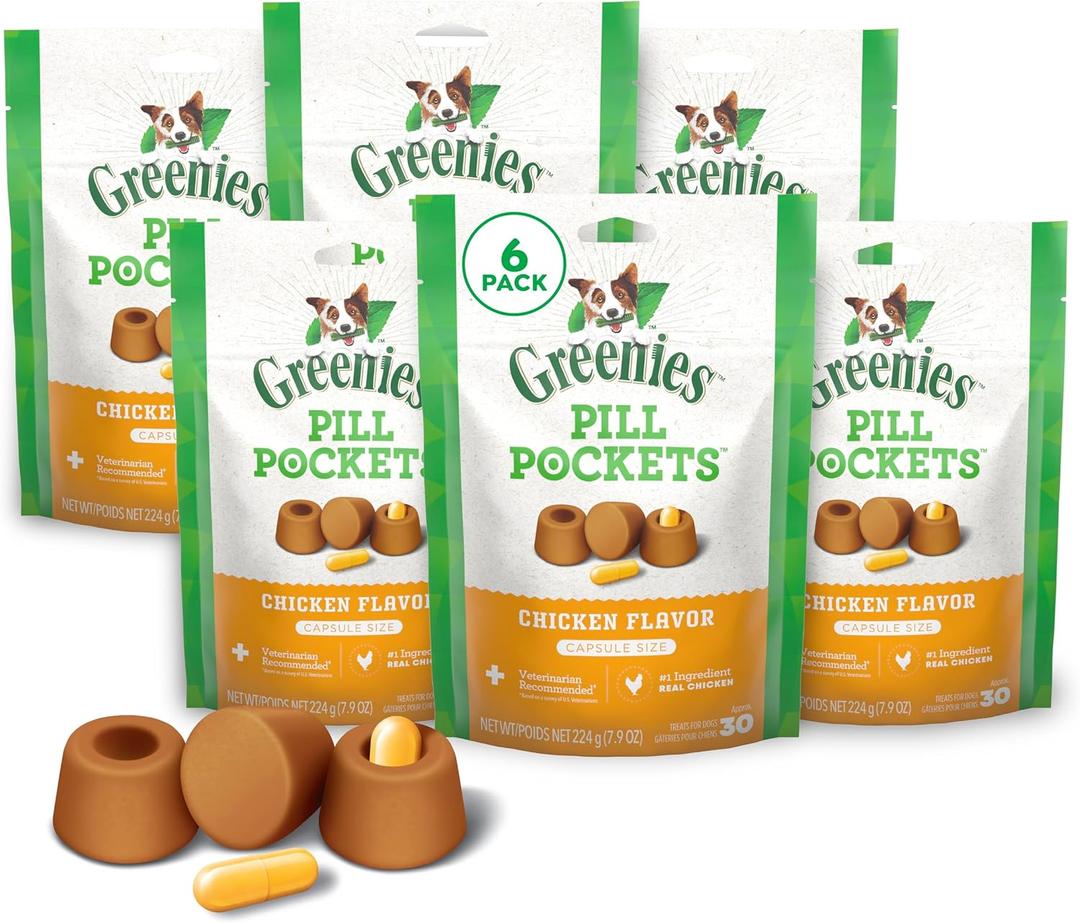 Greenies Pill Pockets for Dogs Large Size, Dog Treat Pouch for Capsule Medication, Chicken Flavor, (6) 7.9 oz. Pouches (EXP 12/16/26)
