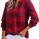 Astylish Women's V Neck Plaid Shirts Flannel Casual Blouses Button-Down Business Boho Tops Long Sleeve 2025 Fall Outfits (Large, Red)