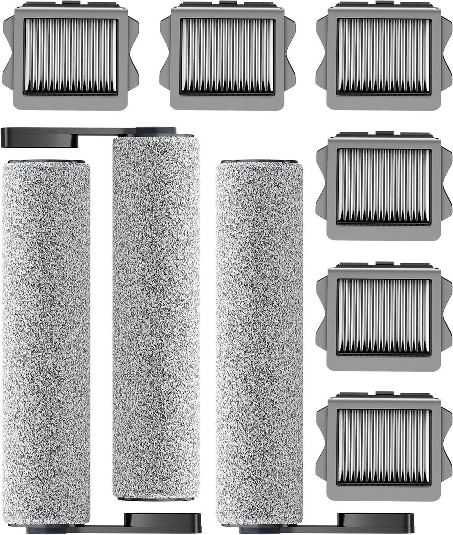 Nukisa Vacuum Mop Replacement Parts Compatible with Tineco Roller Brush, Suitable with FLOOR ONE S5, FLOOR ONE S5 Pro Cordless Vacuum Cleaner, Set Refill Includes 3 Roller Brushes and 6 Vacuum Filters