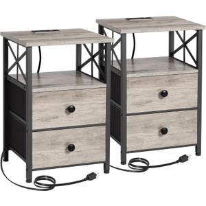 AMHANCIBLE Night Stand Set 2, Nightstand with Charging Station, End Tables Living Room with USB Ports and Outlets, Bedside Tables with Fabric Drawers for Bedroom, Greige HET05XGY