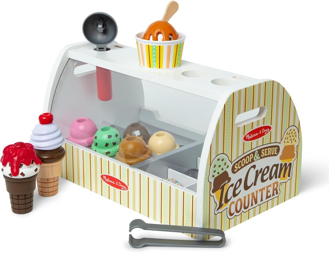 Melissa & Doug Wooden Scoop & Serve Ice Cream Counter, Pretend Play Store, 28 Toy Food & Play Kitchen Accessories, Preschool Toys for Girls & Boys 3+
