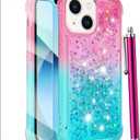 for iPhone 14 Case Glitter, iPhone 13 Case with Screen Protector, Women Girls Kids Girly Cute Bling Liquid Sparkle Soft TPU Slim Silicone Shockproof Phone Cover for iPhone 13/14 -Pink Blue