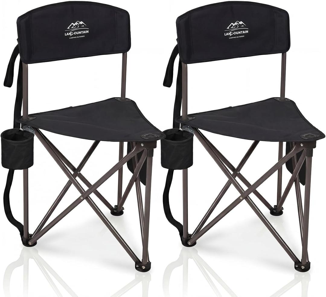 2 Pack Folding Camping Tripod Stool with Backrest & Cup Holder, Lightweight Portable Outdoor Chairs for Adults, Compact 3-Leg Seat for Fishing, Hunting, Hiking & Travel w/Bag - Black