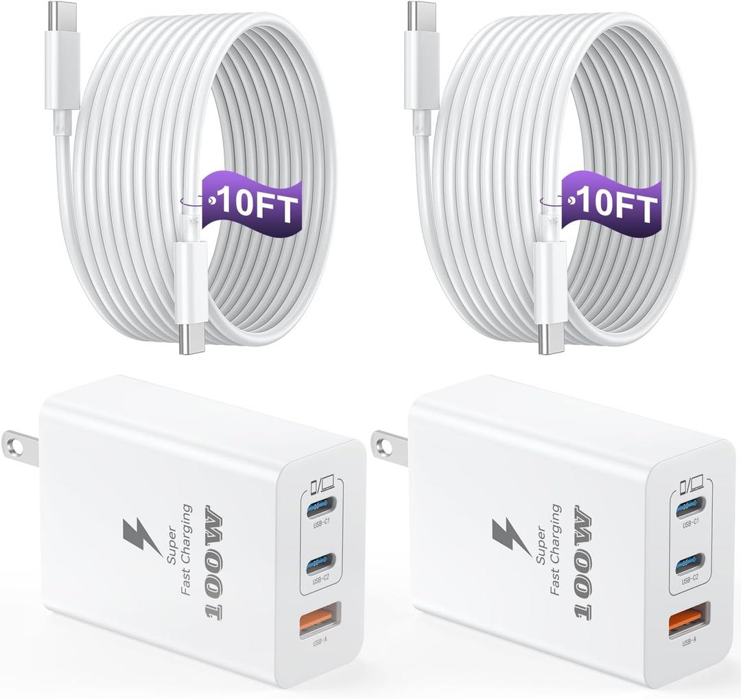 USB C Charger Block 100W, 3-Port GaN Super Fast Charger, Type C Wall Charger Adapter with 10ft USB C Charging Cable for MacBook Pro/Air,iPad Pro, iPhone 16/15Pro, S25/S24/S23 and More[2 Pack] (White)