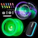MAGICYOYO Responsive Yoyos 2 Pack, Metal Yo yo V12 + Plastic Yo-yo K2 Glow Green, Professional Yoyo for Kids, Dual Functions Yo yos with Unresponsive Bearing Kit, 12 Yoyo Strings