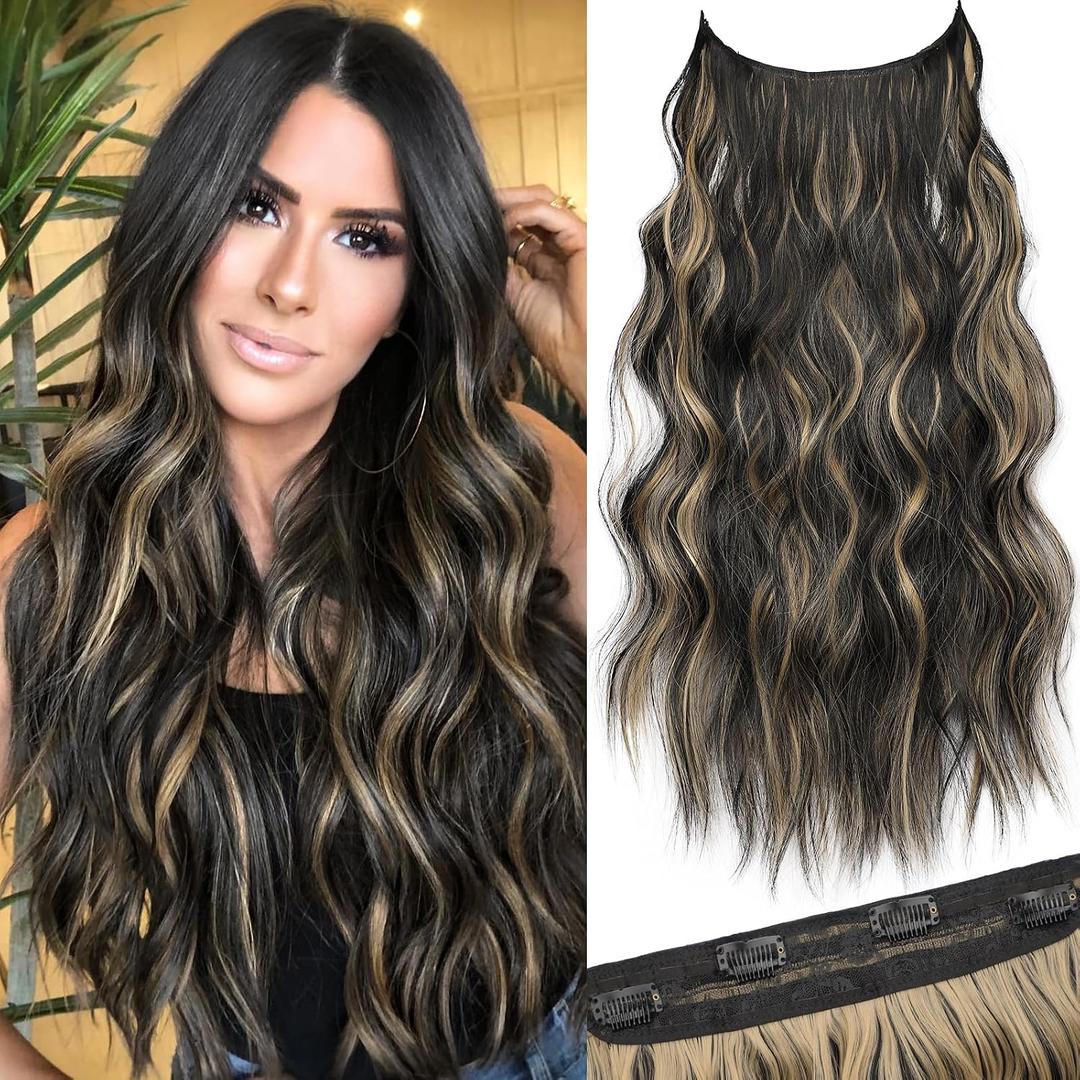 KooKaStyle Invisible Wire Hair Extensions with Transparent Headband Adjustable Size 4 Secure Clips Long Wavy Secret Wire Hairpiece 20 Inch for Women(Black with Blonde Highlights)