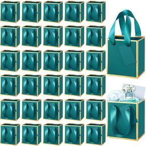 Yeaqee 50 Pcs Mini Metallic Paper Gift Bags with Handles 4x2.75x4.5'' Tiny Small Gift Bags with Thank You Tag for Wedding Favor Birthday Welcome Return Gifts(Turquoise, Gold)