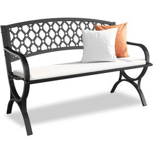 Outdoor Bench Garden Benchs, Weatherproof Anti-Rust Heavy-Duty Outside Bench Clearance, Wrought Iron Metal Bench for Front Porch, Patio, Park, Ergonomic Backrest, Slatted Seat