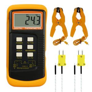 K Type Thermocouple Thermometer (-50~1300C), Dual Channels Digital Thermometer with 2 Temperature Clamp 2 Wired Thermocouple Probes, High Accuracy Temperature Kelvin Scale Meter Tester