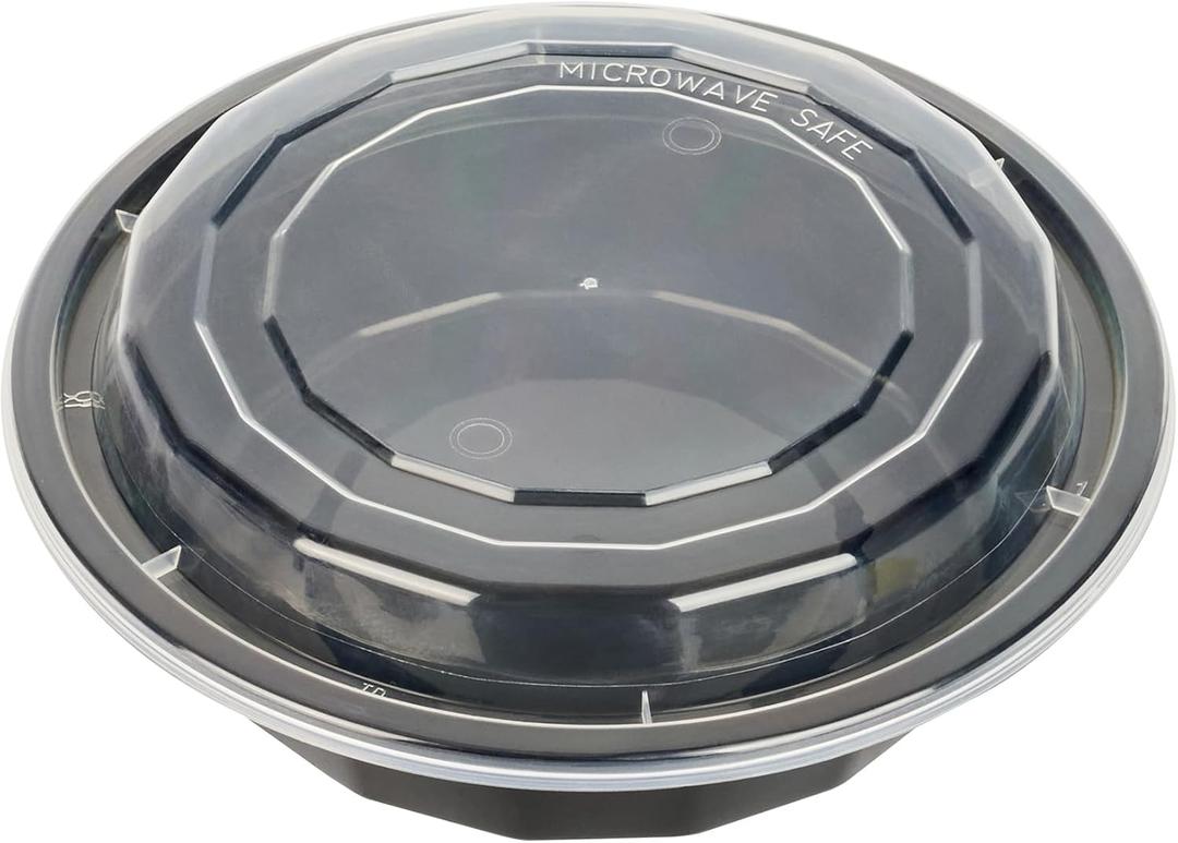 Restaurantware Asporto 16 Ounce To Go Boxes, 50 Microwavable Take Out Food Containers - Clear Plastic Lids Included, Do Not Contain BPA, Black Plastic Catering Food Containers, Disposable, Round