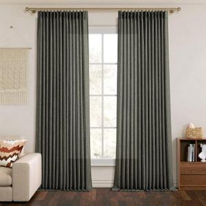 Pinch Pleated Green Linen Curtains for Living Room Extra Long 102 Inches Drapes 2 Panels Set, Memory Shaped Light Filtering Curtain Neutral Window Privacy for Home Office Classroom with Back Tab (Olivine)