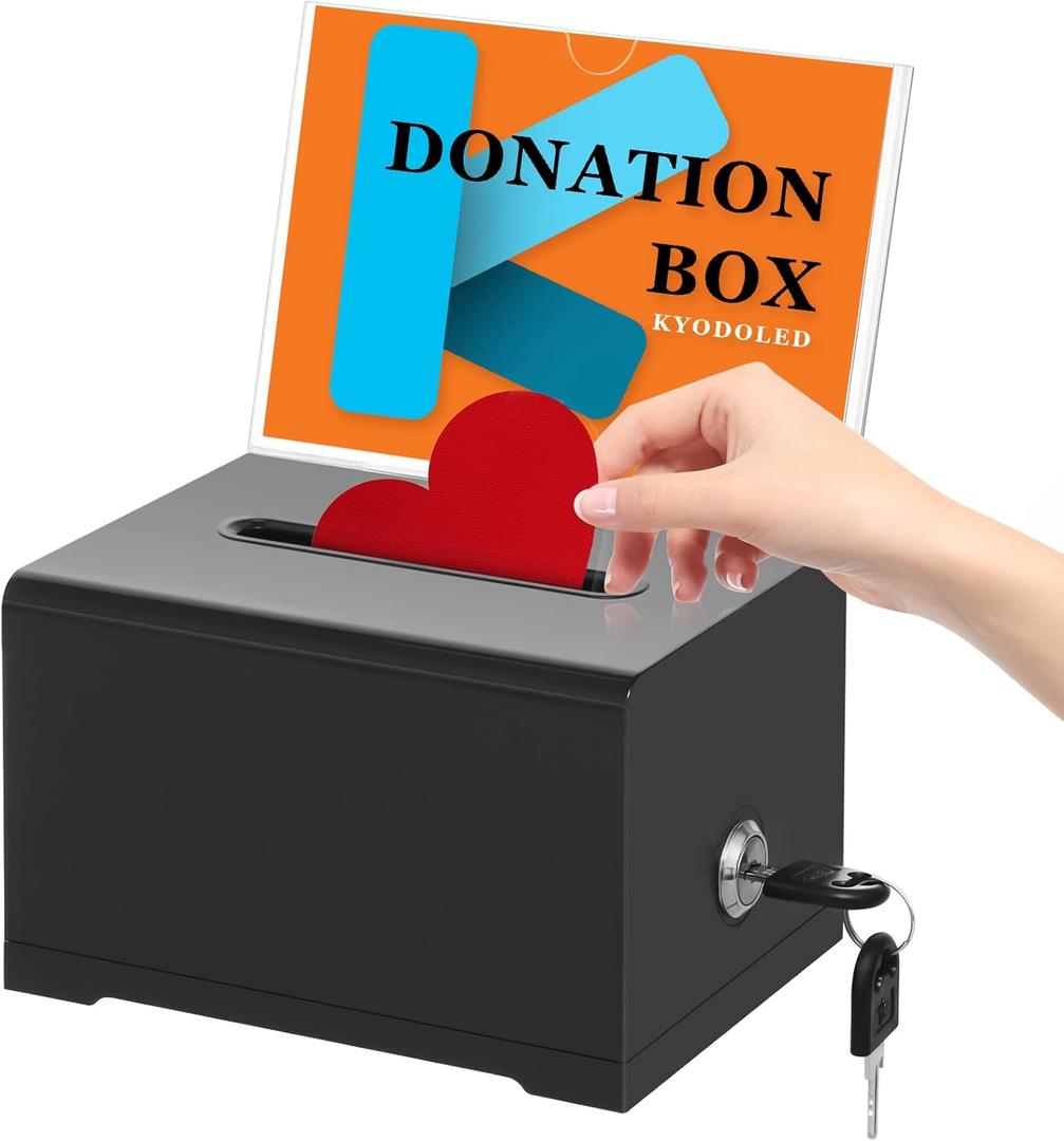 KYODOLED Black Suggestion Box with Slot and Lock for Voting, Donation Box with Sign Holder, Tip Jar, 6.2" x 4.6" x 4.0" (Black-PS-1P)