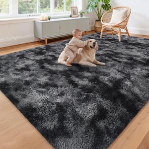 Black Grey TieDyed Rug for Living Room 8x10 Fluffy Area Rug Mat Bedside Throw Rug for Bedroom Kids Room Boys Teens Nursery Baby Dorm Office Home Decor Aesthetic Carpets