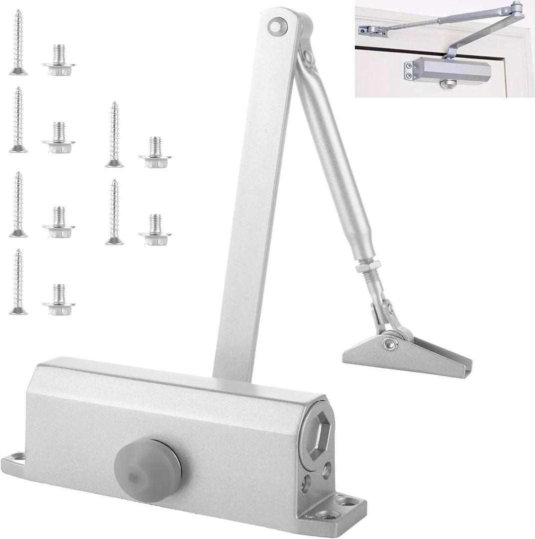 Automatic Door Closer for Home Adjustable Spring Hydraulic Door Closer Aluminum Finish Automatic Door Closing Commercial & Home Use for 65KG Middle-Weight Door (180 Degree Non-Positioning)