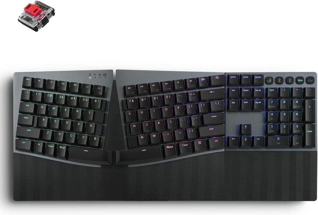 Perixx PERIBOARD-835RD II Wireless Ergonomic Mechanical Keyboard [Firmware Updated] - RGB Backlit - Low-Profile Red Linear Switches - Multi-Device Connection - Compatible with Windows and macOS