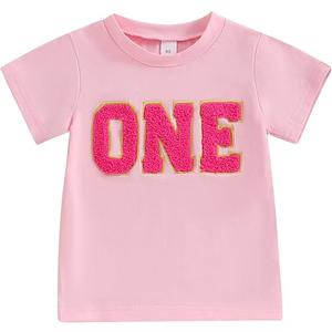 Kids Toddler Baby Girls Birthday T-Shirt Short Sleeve 6-12 M Letter Chenille Patch Birthday Shirt