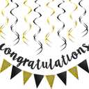 Pre-strung Glitter Congratulations Banner Triangle Flag Banner with 12 Pieces Hanging Swirls for Wedding Retirement Graduation Anniversary Party Decorations(Black, Gold)