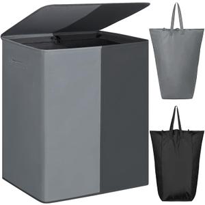 WOWLIVE Double Laundry Baseket with Lid and Removable Laundry Bags,154L Large Laundry Hamper 2 Section Collapsible Dirty Clothes Hamper for Laundry Room,College Dorm,Bathroom, Black and Grey