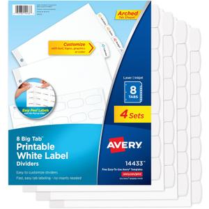 Avery Big Tab Printable White Label Dividers for 3 Ring Binders, 8 Tabs per Set, White, Great for Office Supplies, School Supplies, Organizing, and More (4 Sets of 14433)