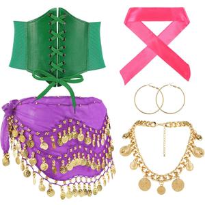 Tarpop 5 Pcs Halloween Costume for Women Gypsy Costume Accessories Coin Waist Chain Waist Seal Scarf Earrings Necklace (Purple)