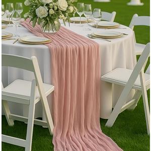 6 Pack Dusty Pink 10FT Cheesecloth Table Runners 120 Inch Blush Gauze Boho Table Decor Set for Bridal Shower, Mothers Day Brunch, Baby Girl Party, or Romantic Wedding Reception
