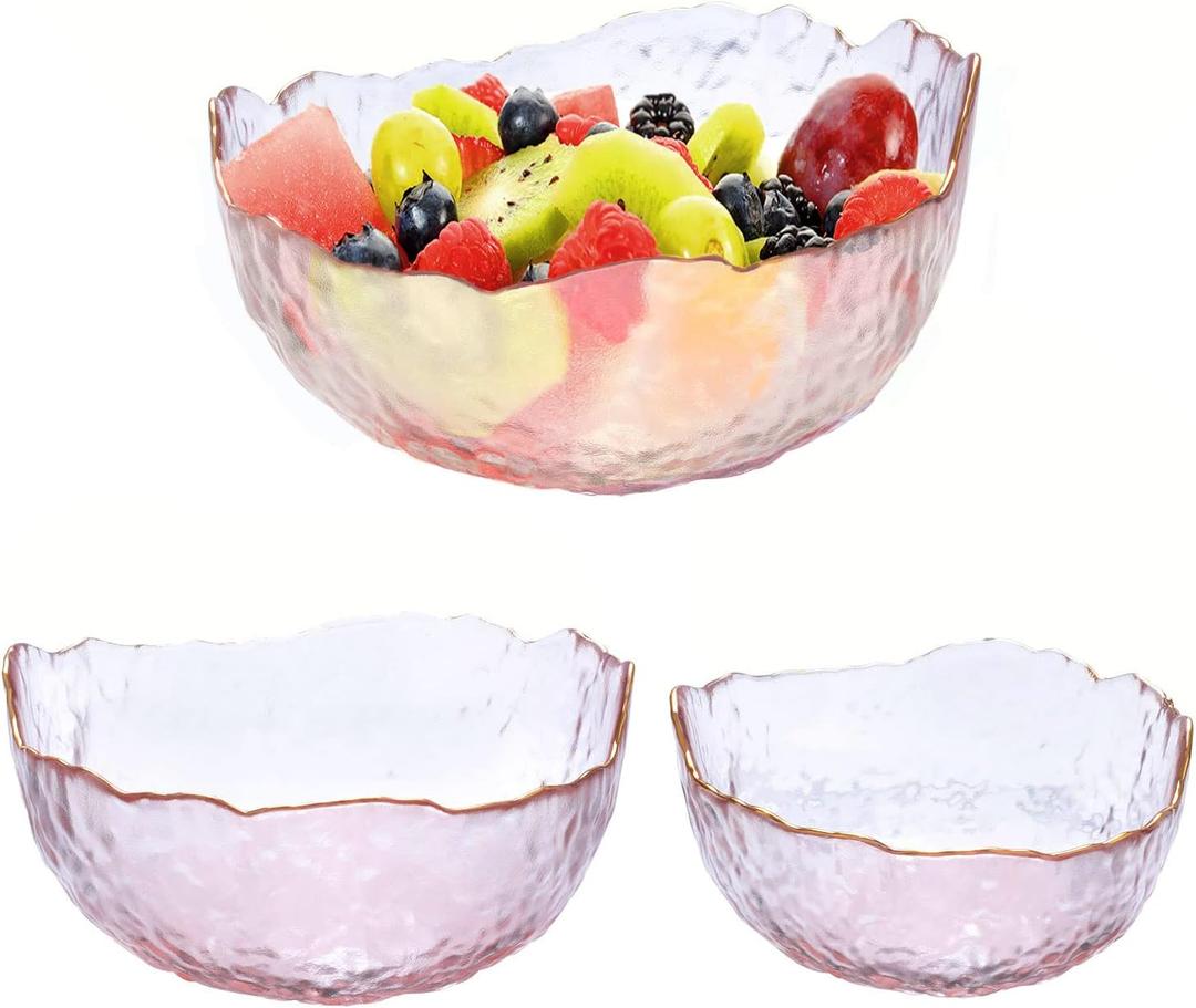 WHJY Pink Colored Glass Salad Bowl Set of 2, Mixing Bowls Decorative Fruit Bowl Serving Bowls for Kitchen, Clear Gold Bowl Wide Rim Pasta Bowl