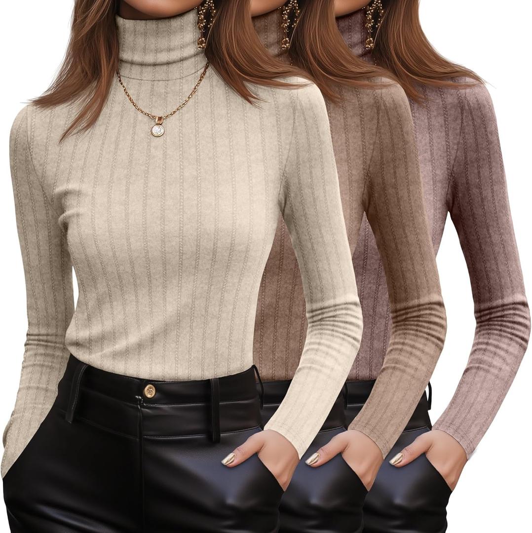 3 Pack Women's Turtleneck Sweaters Ribbed Long Sleeve Turtle Neck Top Slim Fitted Knit Lightweight Pullover Sweater (Beige Apricot, Brown, Mocha) Small