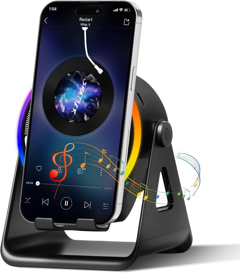 Wireless Induction Bluetooth Speaker, 4-in-1 with 360 Rotating Phone Holder and RGB Ambient Light, High-Definition Surround Sound (Black)
