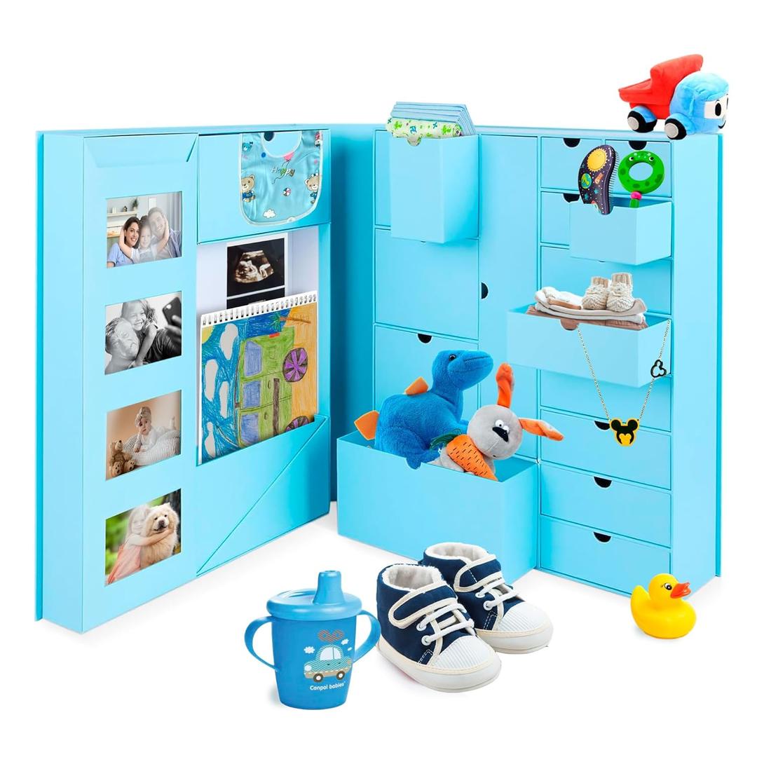Baby Keepsake Box - Baby Memory Box - Baby Boy Girl Keepsake Box Tins Memory Box Pregnancy Baby Bubbs Storage Box Baby First Year Box Library Baby All-in-One Organizer, Blue