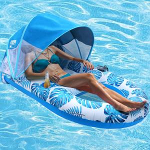 Pool Lounge Float with Canopy UPF50+,Extra Large Pool Floats for Adults Heavy Duty,Inflatable Lounger Float with Cup Holder & Backrest,Footrest (Blue)