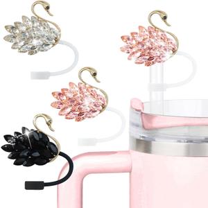 3PCS Bling Crystals Straw Cover Cap for Stanley Cup Accessories,Elegant Swan Straw Toppers for Stanley Tumbler 40&30 oz,Rhinestone Reusable Straws Tips Protectors Compatible with 10mm Straws