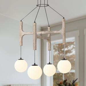 Dining Room Light Fixture/Chandelier Over Table,4-Light Kitchen Island Lighting Hanging for Wood Farmhouse Chandeliers Antique White Rustic Pendant with Withe Milk Glass Globes Lampshades