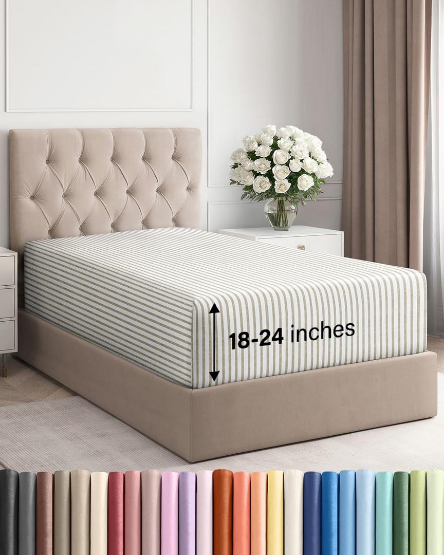 Extra Deep Twin XL Fitted Sheet - Hotel Luxury Single Fitted Sheet Only - Easily Fits 18 inch to 24 inch Mattress - Ultra Soft, Wrinkle Free w/Extra Deep Pockets - Breathable & Comfy - Beige Stripes
