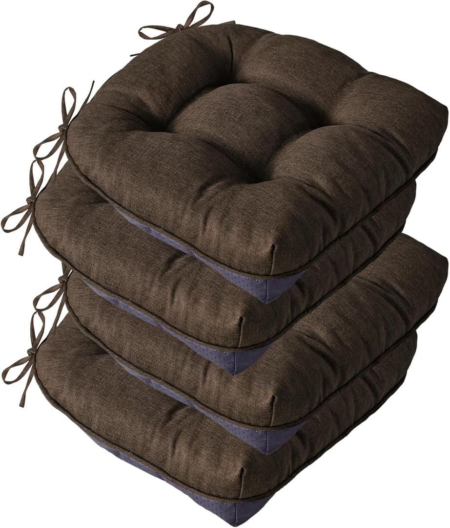 Chair Cushions for Dining Chairs, Seat Cushions for Kitchen Chairs, Indoor Seat Cushions with Ties, Tufted Foam Chair Pads, Non Slip Chair Cushions Set of 4, 15.5" x 15.5" x 4", Brown (Pack of 4)