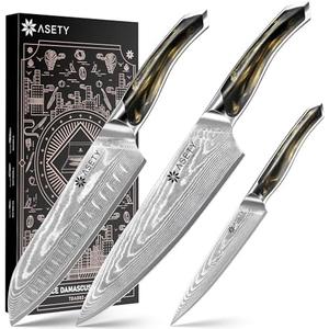 ASETY Damascus Knife Set 3 PCS: Ultra-Sharp Professional Chef Knife Set, Japanese Kitchen Knives with VG10 Steel Core, Full Tang Resin Handle, Elegant Box for Men Women, Mothers Day