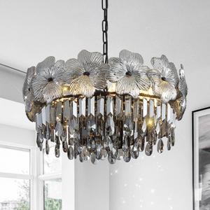 Black Crystal Chandelier for Dining Room 20" Smoke Gray K9 Crystal Pendant Light Flower Drum Chandelier Round Raindrop Hanging Light Fixture Adjustable for Over Dining Table Entryway Living Room