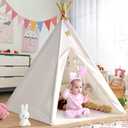 Sumbababy Teepee Tent for Kids Tipi Tent Indoor - Cotton Canvas Kid Tents for Inside with Light & Flag- Foldable Toddler Play Tents for Girls & Boys Slumber Party - Washable Boho Play House Gift Toys