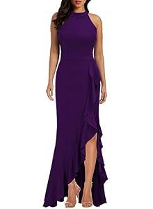 WOOSEA Women's High Neck Split Bodycon Mermaid Evening Cocktail Long Dress Purple, Small