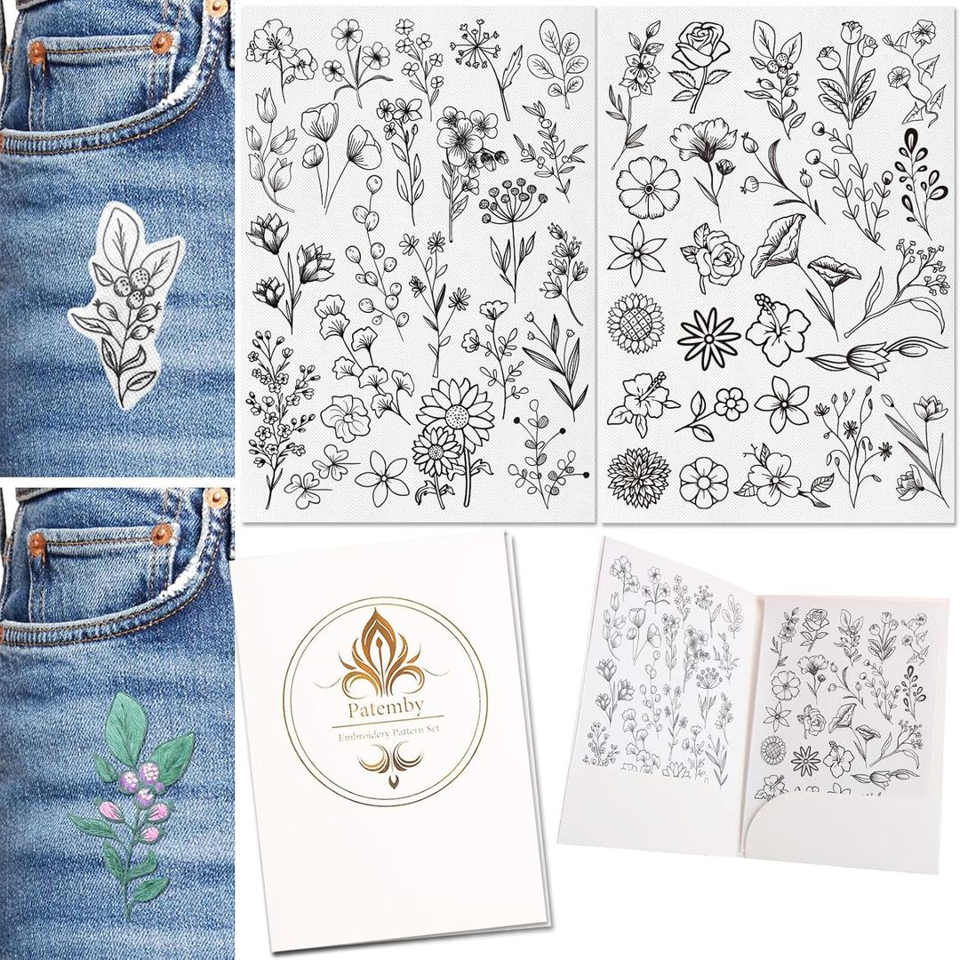 Patemby 50Pcs Embroidery Pattern Water Soluble Embroidery Stabilizers, Stick and Stitch Embroidery Paper Wash Away with Pre-Printed Pattern Designs Stencils Transfers for Hand Sewing Lover Beginner (Flower)