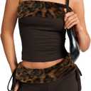 2000S Sexy 2 Piece Leopard Club Outfits, Ruched Tube Strapless Crop Top, Low Rise Booty Shorts Casual Going Out Rave (Dark Brown-black Cheetah)
