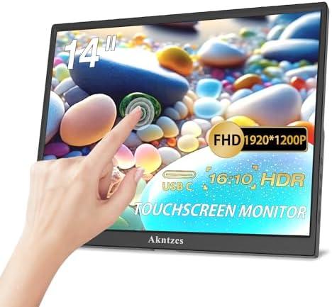 Akntzcs Portable Monitor - 14" FHD 1920x1200P USBC Portable Touchscreen IPS Display, USB Type-C HDMI HDR External Monitor for Laptop/PC/Mac/Phone/Xbox, Built-in Kickstand & Speakers