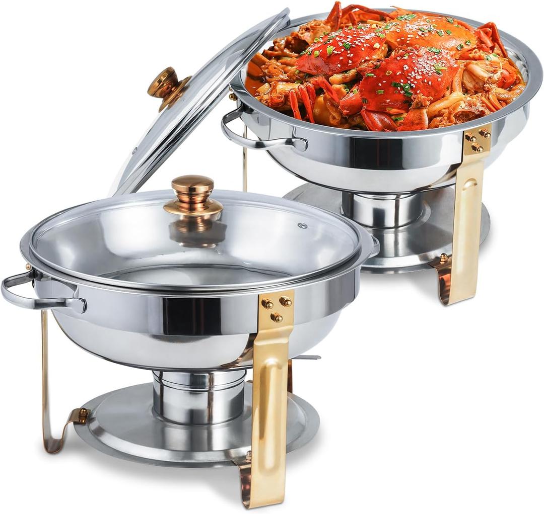 5QT Round Chafers for Catering Chafing Dishes for Buffet Gold Set,Chafers and Buffet Warmers Sets for Parties 4.5L(Gold 2 Pack)