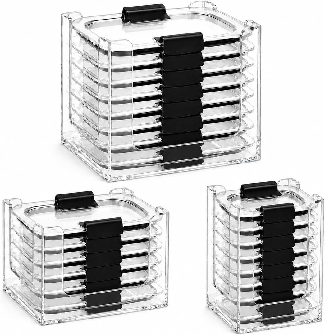 3PCS Clear Acrylic Food Container Lid Organizer for Rubbermaid Brilliance Nap-on Lids, Stackable Lid Holder Rack, Kitchen Storage Holder 4.7 Cup, 3.2 Cup, 1.3 Cup. 0.5 Cup Container, Holds 24 Lids