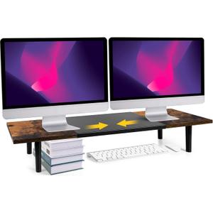 Dual-Monitor-Stand-Riser-For-Desk Adjustable Length 32-40 Inch, Large Desktop Computer Monitor Riser For 2 Screens, Desk Shelf Organizer Riser Stand For Computer/Laptop/PC/Printer/TV Brown