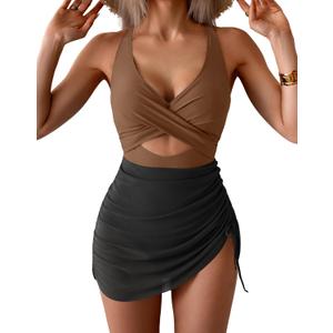 B2prity Women Mesh One Piece Swimdress Swimsuit Tummy Control V Neck Cutout Bathing Suit Wrap Drawstring Sarong Swimwear (M)