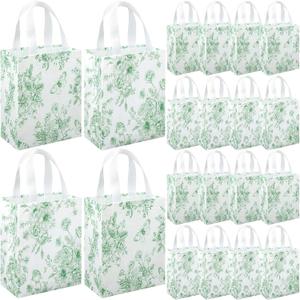 Wovnet 30 Pcs Sage Green Floral Gift Bags with Handle Reusable Non Woven Vintage Floral Tote Party Favor Bags Spring Flowers Treat Goodie Bag for Wedding Bridal Shower Tea Party 10 x 8 x 4 Inch